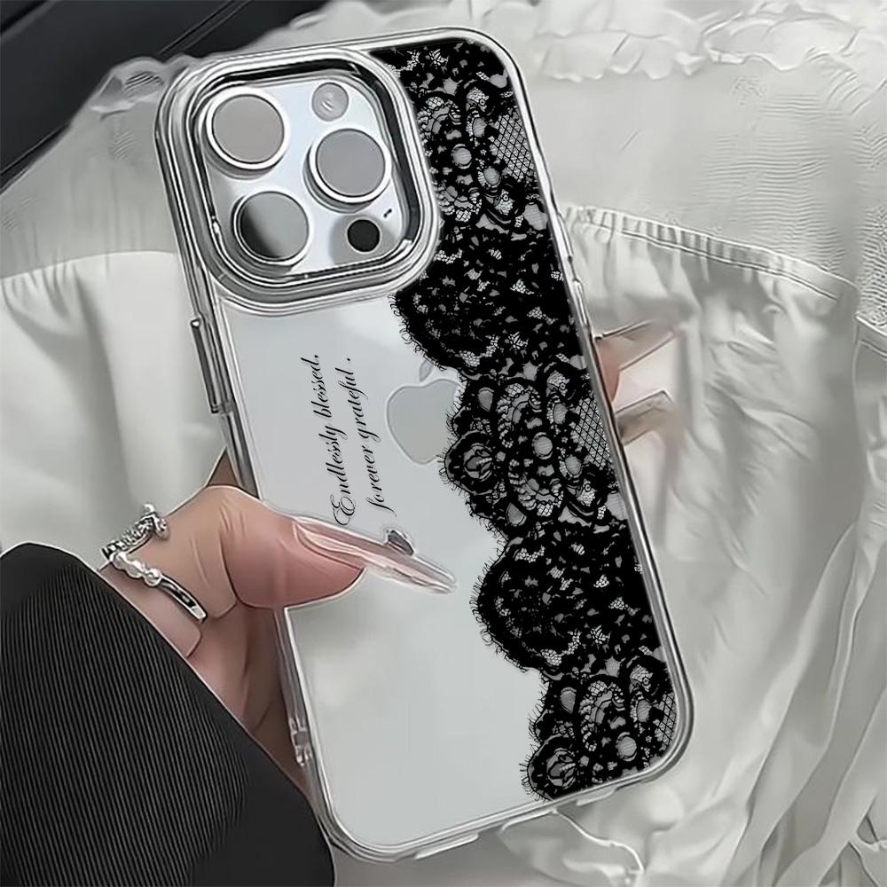 Lace Pattern Phone Case For Iphone 16 Pro Max 17 15 14 Plus 13 12 11 Air 17E 16E Cover Smooth Metal Photo Frame Funda Coque