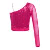 Girls Shiny Sequins Dance Top Sheer Mesh Long Sleeve One Shoulder Performance Top Side Zipper Crop Top