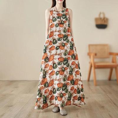 Sleeveless Cotton Vintage Floral New Dresses for Women Casual Loose Long Summer