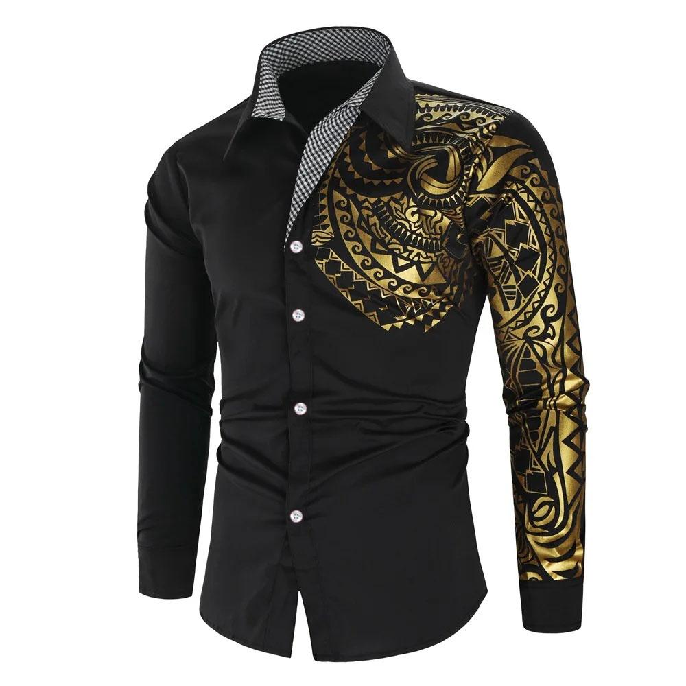 Camicie da uomo, camicie eleganti da uomo, casual, streetwear, camicie stampate con stampa in oro nero, design con colletto rovesciato, top maschili