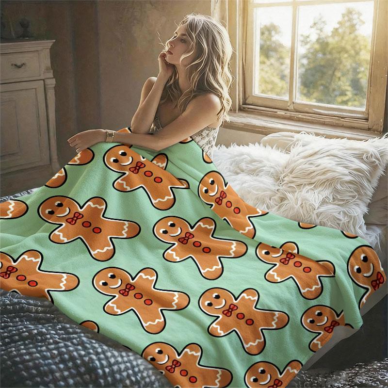 Gingerbread Man Print Flannel Blanket Warm Soft Halloween Christmas Decorative Couch Warm Cozy All-Season Gift