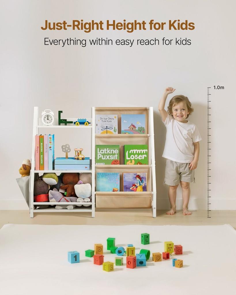 3-Tier Kids Bookshelf, Toy Storage Organizer for Toddler, Book Shelf for Kids Rooms with Sling Book Rack and Storage Bag, Kids Storage Book Shelves