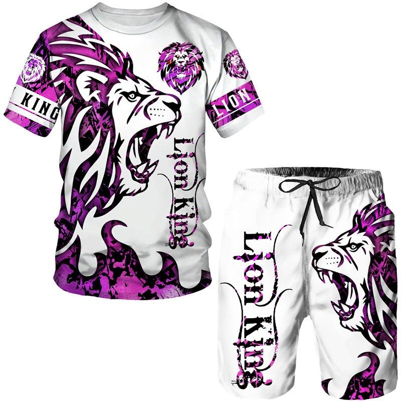 Tricou bărbați Seturi 2 piese Îmbrăcăminte sport de vară Ținute Vintage Litere Animale Pantaloni scurți 3D Trening Men Streetwear Tiger Wolf Model Tricou Set