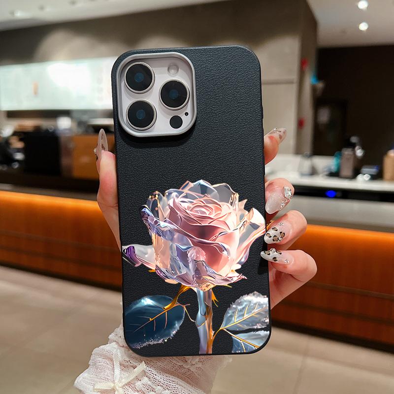 

Мягкий матовый чехол из ТПУ с цветочным принтом и кристаллами для iPhone 16 Pro Max 15 Plus 14 Pro 13 12 11, кожаная текстура, тонкий противоударный чехол-бампер iPhone 16 чёрный