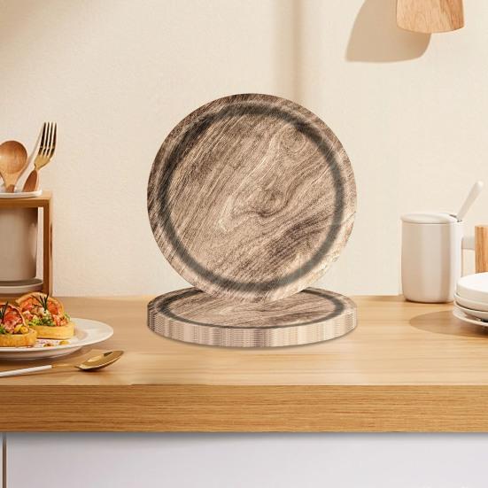 10Pcs Round Wood Grain Paper Tray Food Grade Paper Dinner Plates Decorative Picnic Party Tableware Decoration