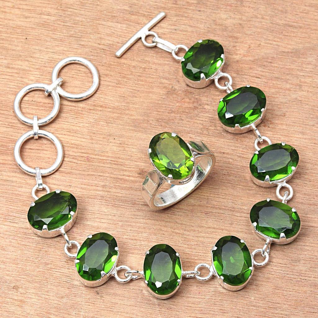 Peridot Quartz Gemstone Women's Unisex Jewelry Bracelets & Rings 7-8''