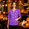 Women's Casual V-Neck Scrub Top with Pockets and Side Slits, 3/4 Sleeve Halloween Print