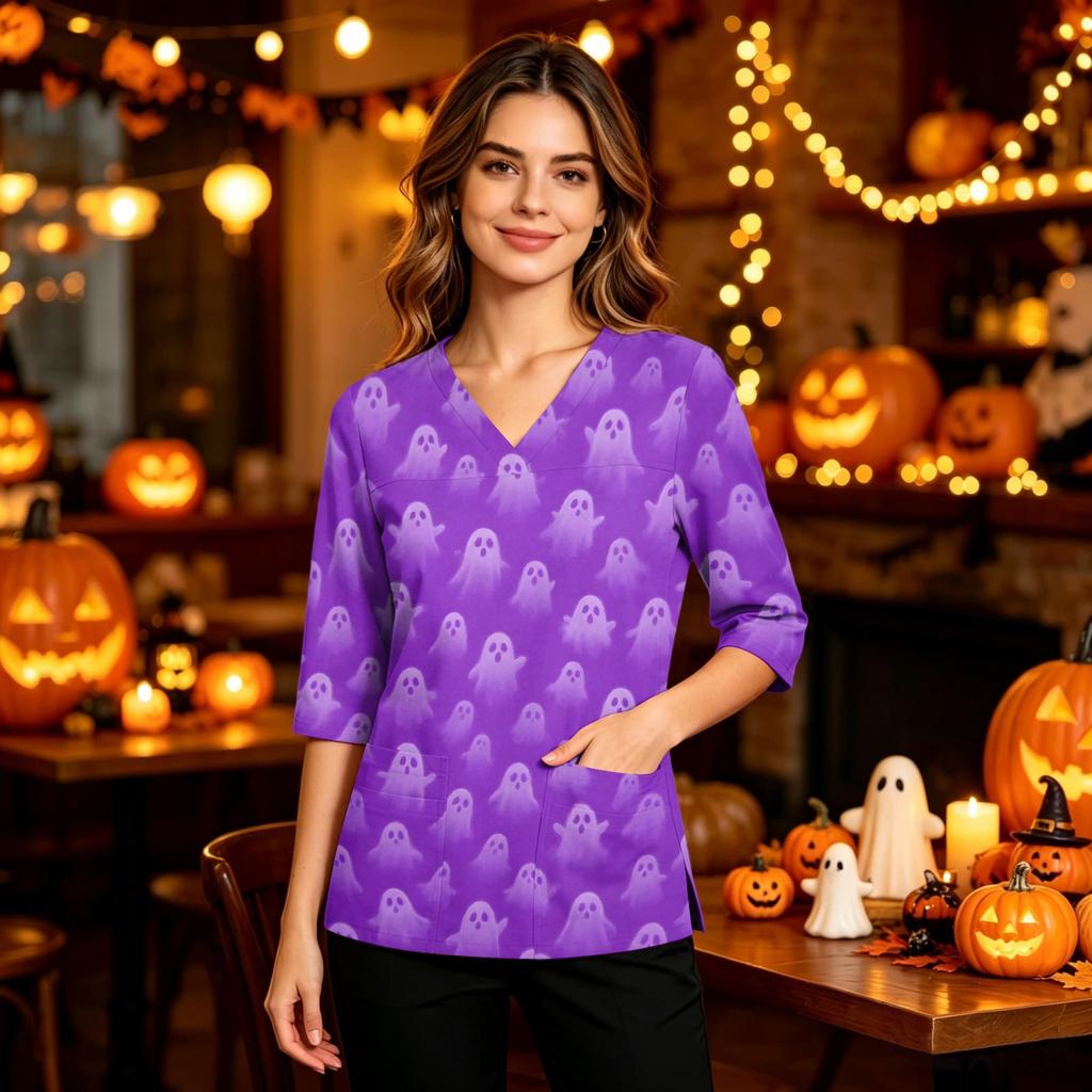 Women's Casual V-Neck Scrub Top with Pockets and Side Slits, 3/4 Sleeve Halloween Print