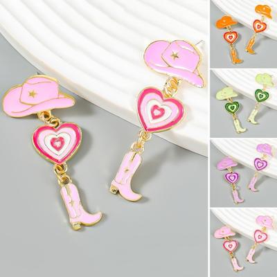 1 Pair Oil-Dripping Cowgirl Hat Earrings Boot Love Heart Tassel Girls Western Cowboy