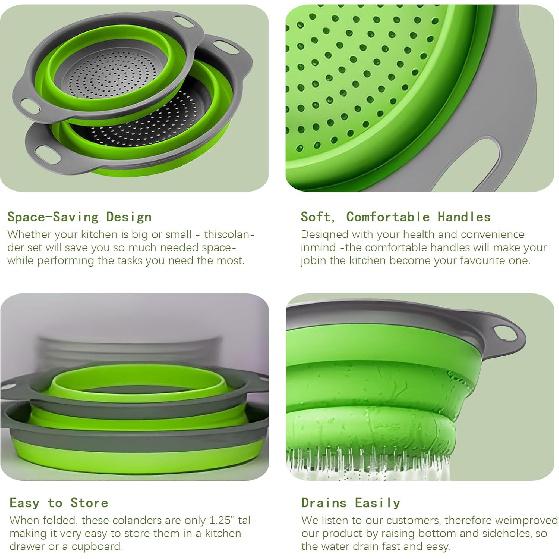 Collapsible Colander Set of 2 Silicone Kitchen Strainer Set, Perfect for Draining Pasta, Vegetable and fruit for Kitchen and Travel Use (green)