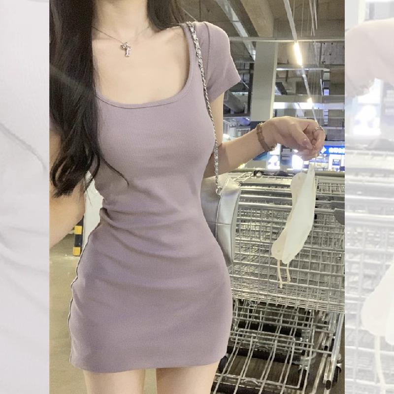 

2026 Summer Women s Slim Fit Square Neck Dress - 92% Cotton, 8% Spandex, Solid Color, Short Sleeve Large