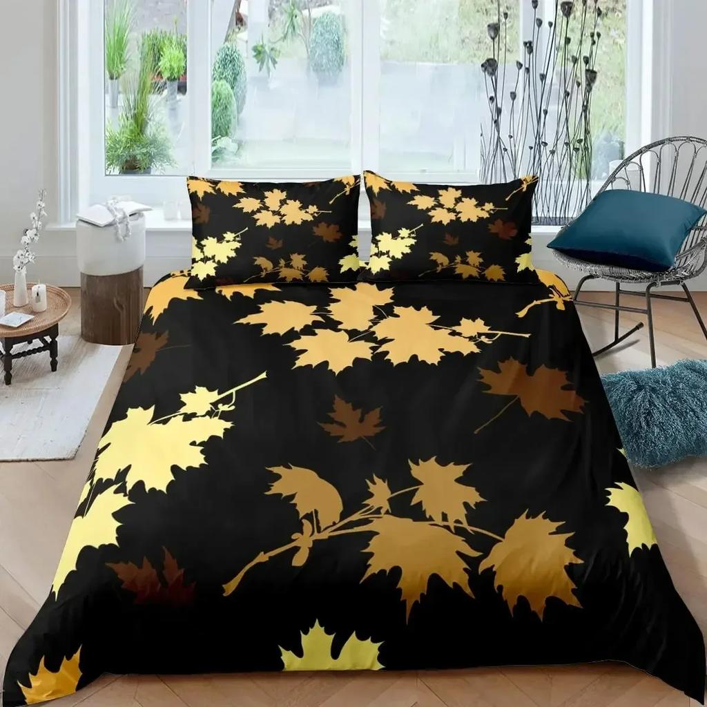 Maple Leaves Duvet Cover Set Colorful Autumn Season Maple Leaves In Unusual Designs Nature Print King Size 3D Bedding Set