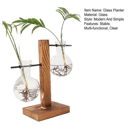 Plant Propagation Station with 1/2 Glass Vases And Wood Stand Decorative Tabletop Terrarium Planter Clear Glass Hydroponic Vase for Office Garden Home
