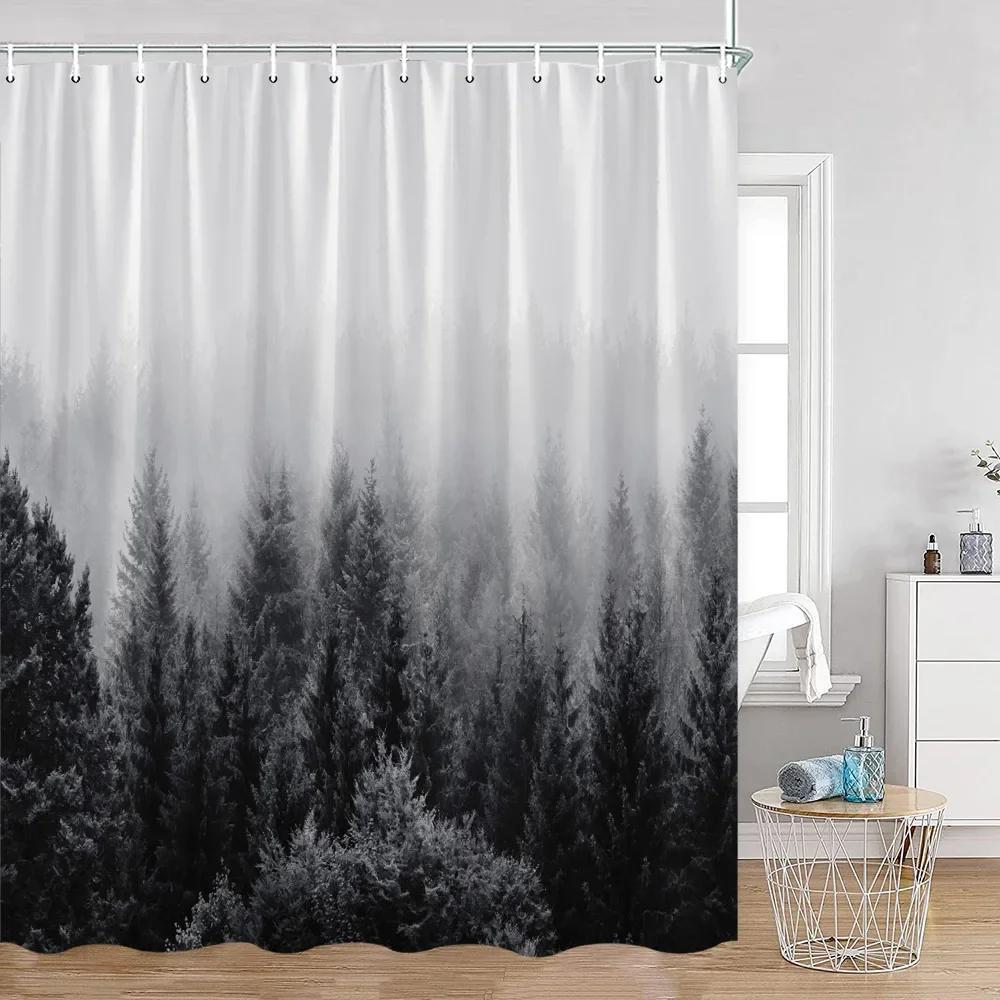 Mist Forest Shower Curtain Snow-capped Pines Nature Landscape Simple Bathroom Decorative Modern Polyester Shower Curtain