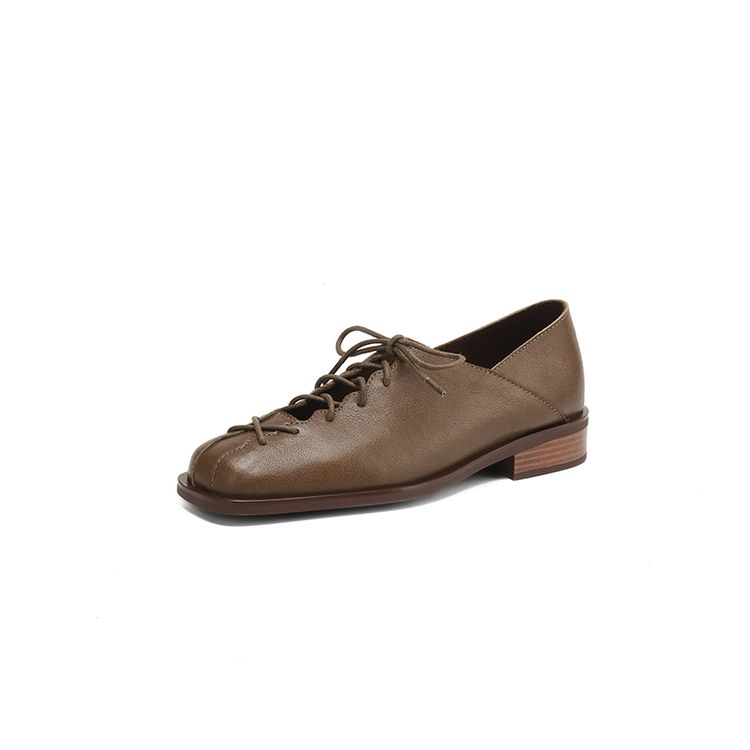 

Fashion NEW Spring/Autumn Women Pumps Square Toe Low Heel Shoes Genuine Leather Shoes for Women Black Cross-tied Lace-up Women Loafers 34 коричневый