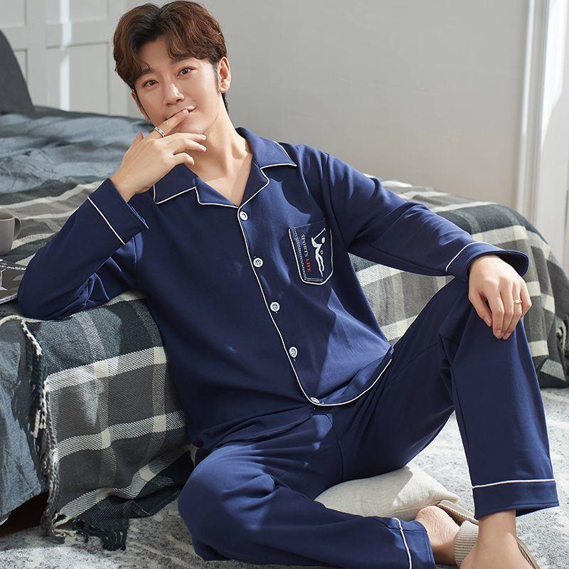Men's 100% Cotton Long-Sleeve Pajama Set, Plus Size, Cardigan Style for Spring, Autumn, and Summer.
