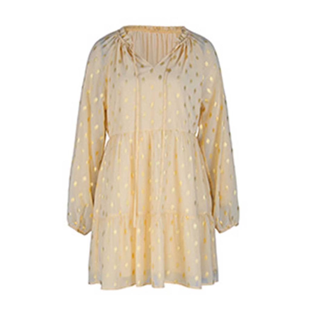Women's Fashion Long Sleeve V-Neck Pleated Polka Dot Casual Loose High Waist Dress