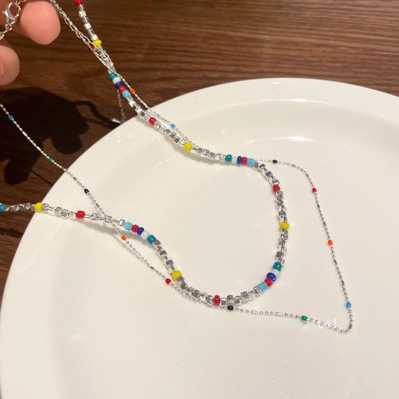 Colorful Dopamine-Inspired Choker: Light Luxury Silver Beaded Necklace for Women