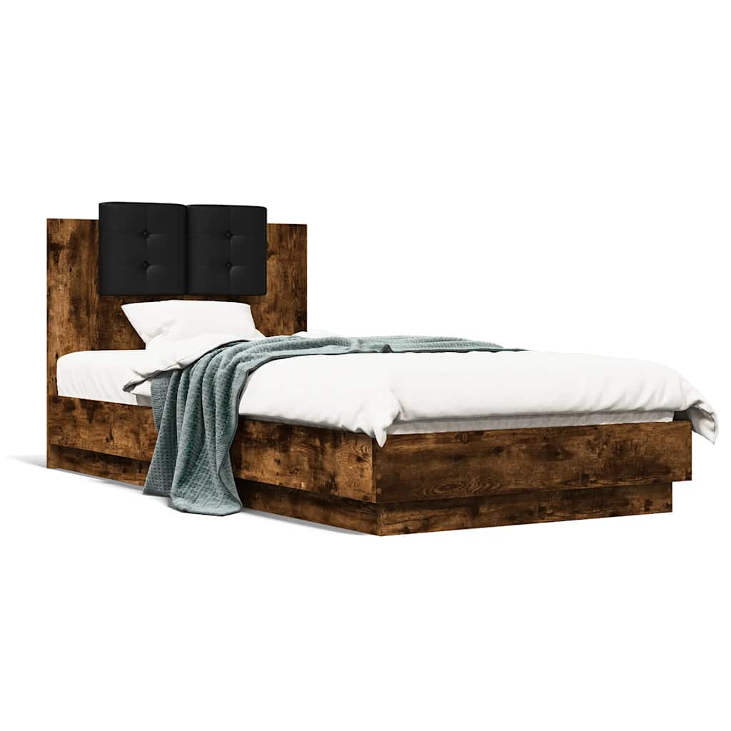 Bed Frame with Headboard and LED Lights Smoked Oak 90x190 Cm