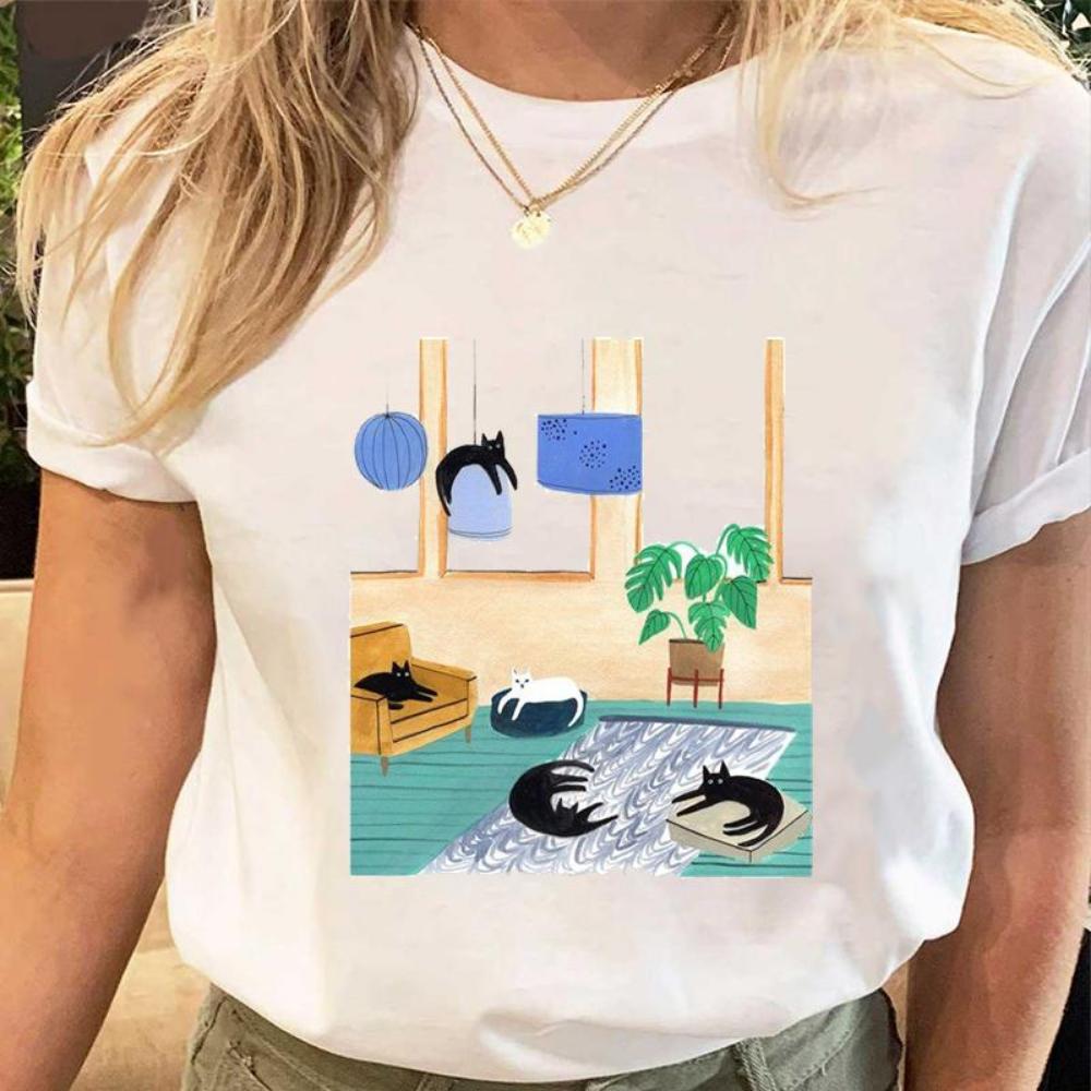 Women Print Tees Tshirt Female Clothes Regular Short Sleeve Tops Cat Simple Cute Print Ladies Fashion Cartoon Graphic T-Shirt