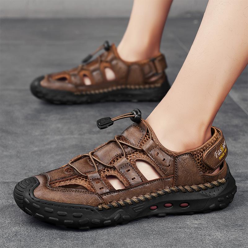 Fashion Summer Men Versatile Sandals Genuine Leather Mens Casual Shoes Outdoor Man Besch Shoes Hollow Out Roman Flats Wading Aqua Shoes
