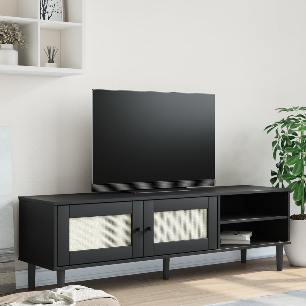 TV Stand SENJA Rattan Look Black 158x40x49cm Pine Wood