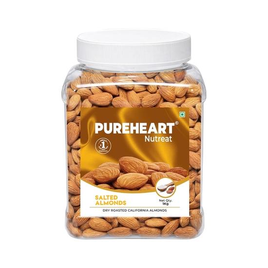 Pureheart Dry Roasted Nutreat Salted Almonds (1 kg) Natural Premium California Almond Nuts/Dry Fruit, Crunchy Salted Badam - Reusable Jar
