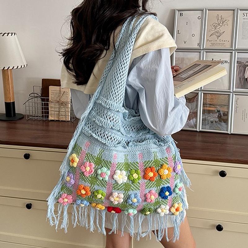 Fashion Crochet Knit Shoulder Tote Bag with Colorful Flower Tassel Womens Shoulder Bag for Vacation Shopping and Daily Outing Ladies' Holiday Gifts