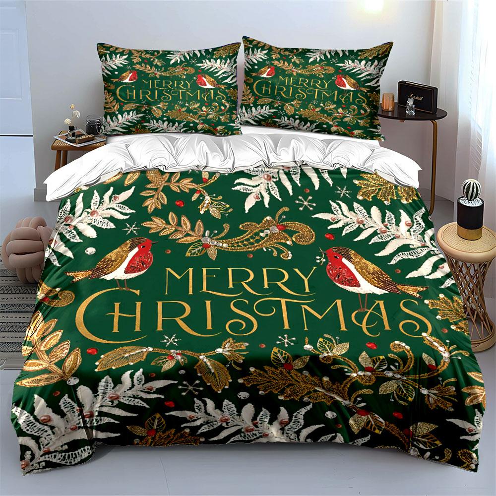 Christmas Birds and Leaves Print Bedding Duvet Cover Set Duvet Cover Pillowcases  (1*Duvet Cover 2*Pillowcases, without duvet insert)