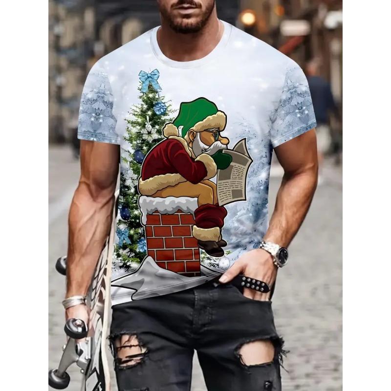 Funny Men's T-Shirts Santa Claus Christmas Oversized Short Sleeve with Snowflakes Print Red Casual O-Neck Outfit Men Clothing