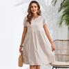 Moda Donna Estate Solido Cotone Lino Girocollo A-line Manica Corta Tasca Abito Midi