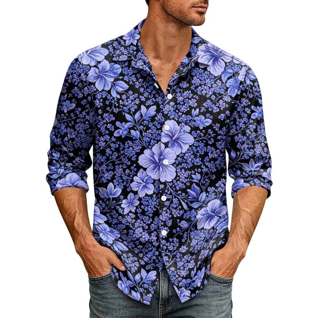 Men's Loose Fit Long Sleeve Button Down Shirt Hawaiian Style Retro Casual Beachwear Shirt with Spread Collar Suitable for Spring and Autumn