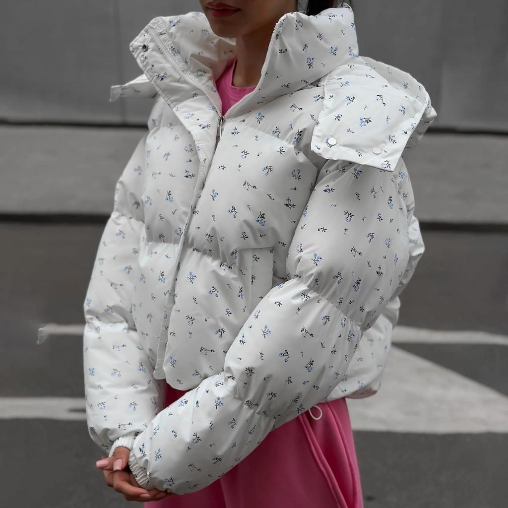 Brot Kleidung Kleines Blumendesign Kordelzug Kapuze Abnehmbare Baumwollgepolsterte Kleidung High-End Mode Vielseitige Jacke Damen