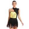 Womens Cutout Sleeveless Latin Dance Leotard Shiny Sequins Contrast Color Patchwork Fringed Bodysuit