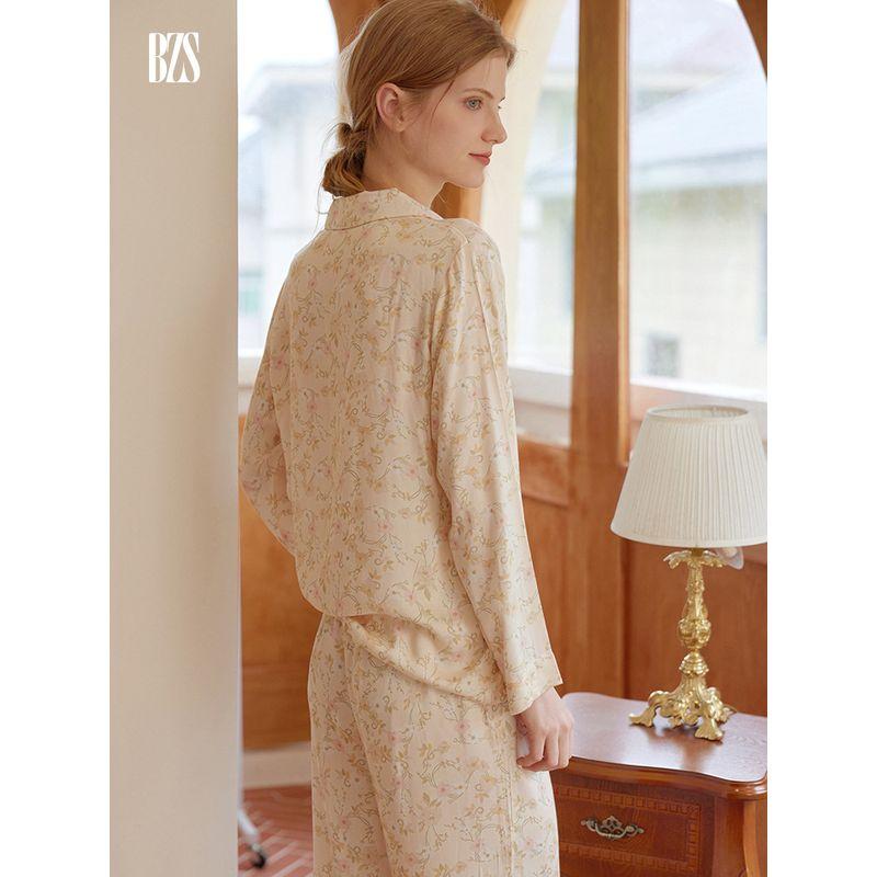 24 New Peter Pan Collar Women's Rayon Satin Floral Print Pajamas Suit Long Sleeves Pants Can Be Outerwear Homewear