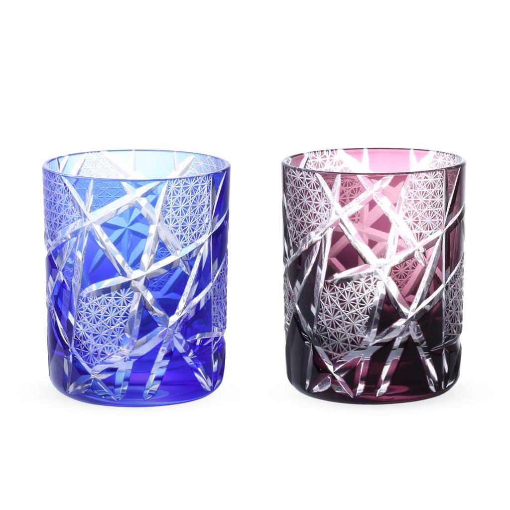 Dinner Luxe Cut Glass Pair of 210cc Random Carving Pattern Blue Purple Kouga Takumi-fu Glasses/Cups (Rock Glasses) 70xH90mm & PNO.333910