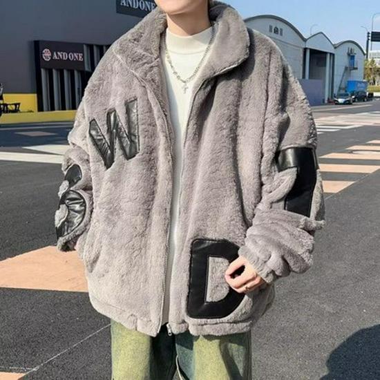 Men s Lambswool Thick Autumn Winter Jacket with Stand Collar, Color Block Patchwork, and Loose Hong Kong Style. 2XL