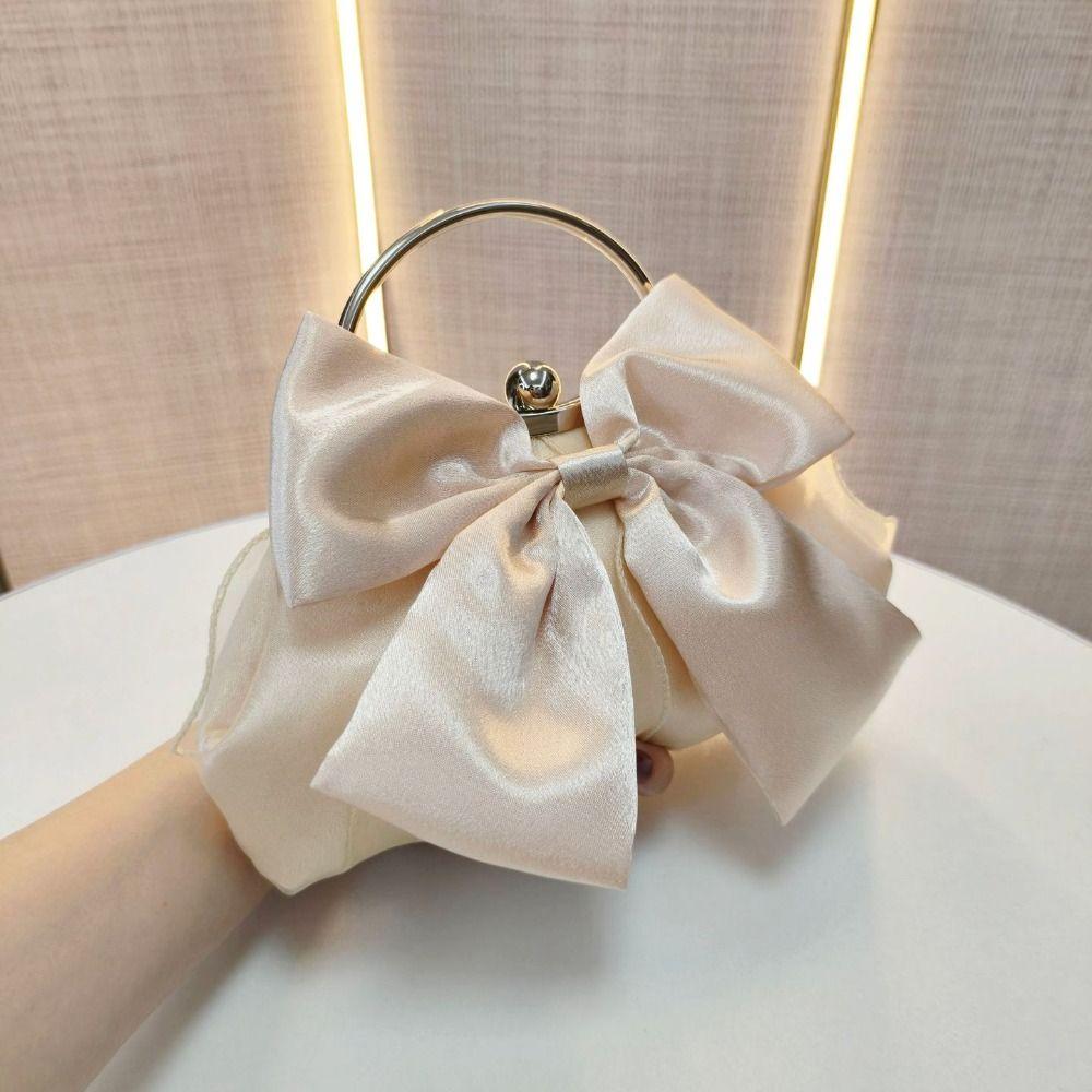 Metal Handle Bridal Clutch Bag Satin Bow Wedding Purse Luxury Bow Evening Handbag  Women
