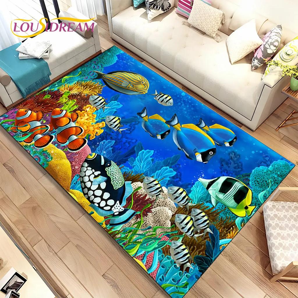 3D Seabed Underwater World Dolphin Turtle Area Rug,Carpet Rug for Living Room Bedroom Sofa Doormat,kids Play Non-slip Floor Mat