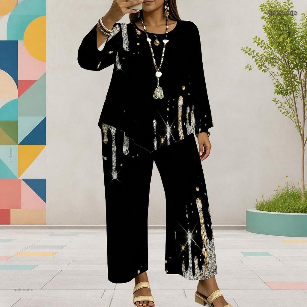 Women Plus Size Black Gold Silver Printed Round Neck Long Sleeve Top Wide Leg Pants Two Piece Set