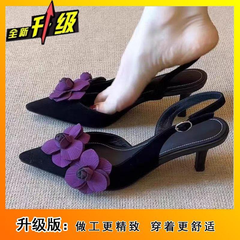 Back space buckle with pointed toe high heels 2025 new French temperament beautiful flower thin heel toe sandals for women