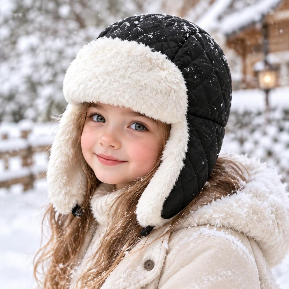 Rhombus Quilted Kids Ski Hat Adjustable Buckle Windproof Earflap Hat Outdoor Activities