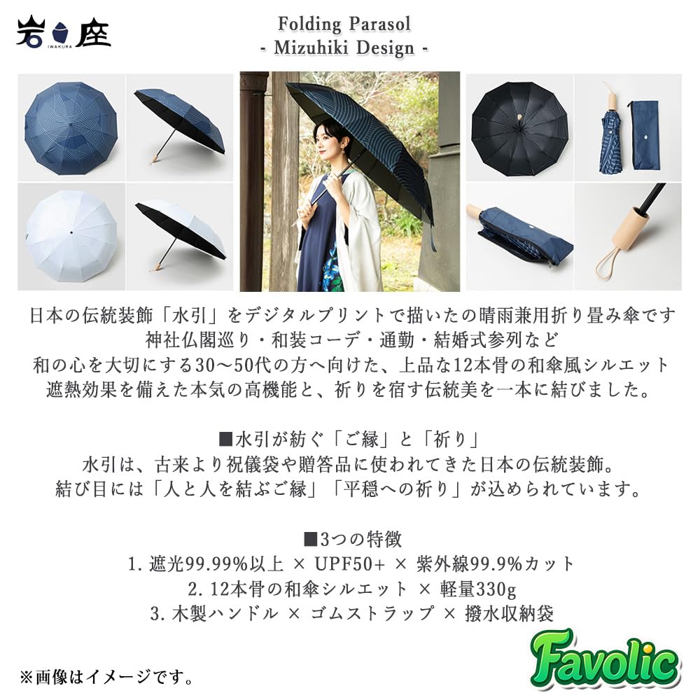 IWAKURA Mizuhiki Folding Umbrella - 12-Rib UV Protection Sun & Rain Parasol with Wooden Handle