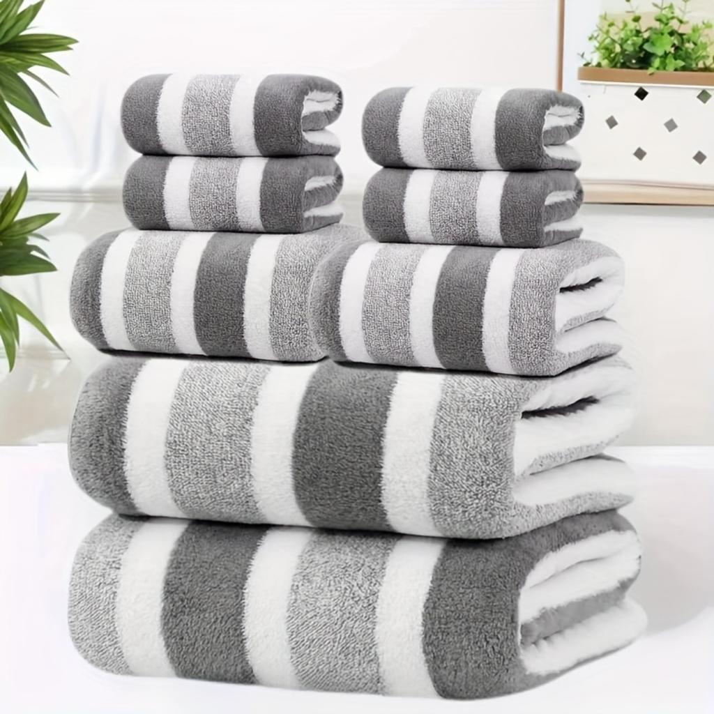 8pcs Of Non-Hair-Free Super Absorbent And Ultra-Soft Five-Star Hotel Standard Two-Color Striped Bath Towel Towel Set, Including 2 Bath Towels