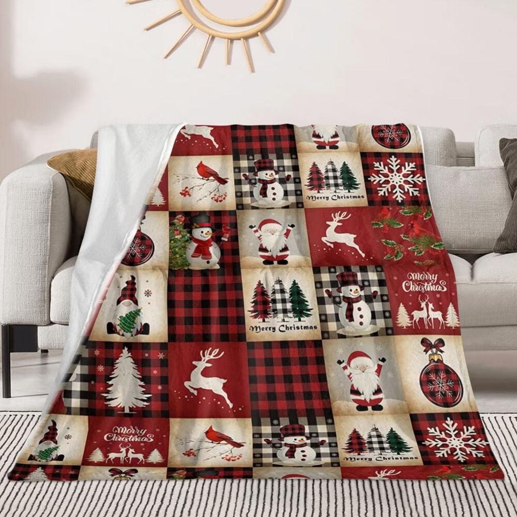 Christmas Red Plaid Soft Flannel Blanket Elk Santa Snowman Xmas Tree Plaid Blanket For Bed Kid Adult