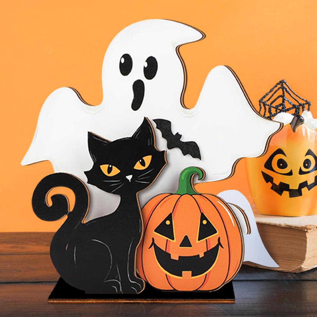 Halloween wooden decorations: ghost statues, black cats, and pumpkins, used for home party decoration