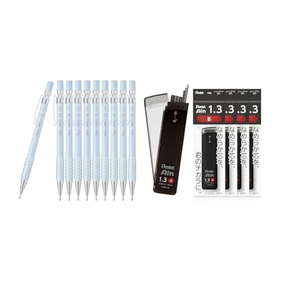 Pentel AMAIN Sharp Mechanical Pencil, 1.3mm, Milk Blue, 10-Pack with Pentel Ain 1.3mm B Lead Refills, 5 Packs XC2813-B