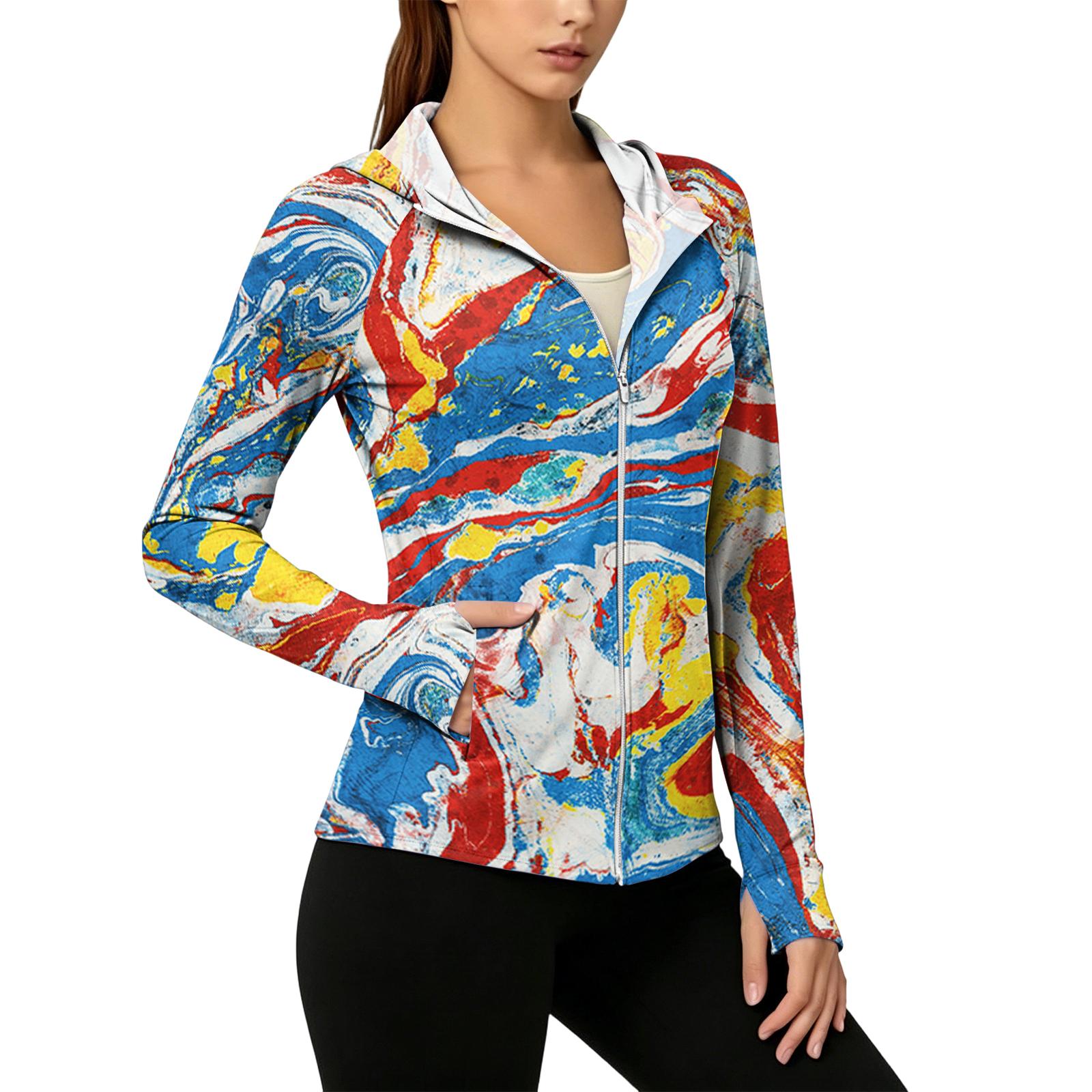 

Women s Fashion Zip Up Hooded Long Sleeve Jacket with Tie- Print & Pockets S