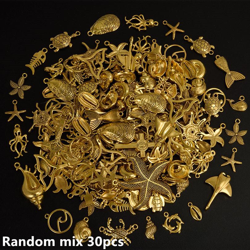 10/20/30pcs Metal KC/Vintage Gold/Silver Color Ocean Animal Charm Random Mix Shell Fish Turtle Charms For Jewelry Making Pendant