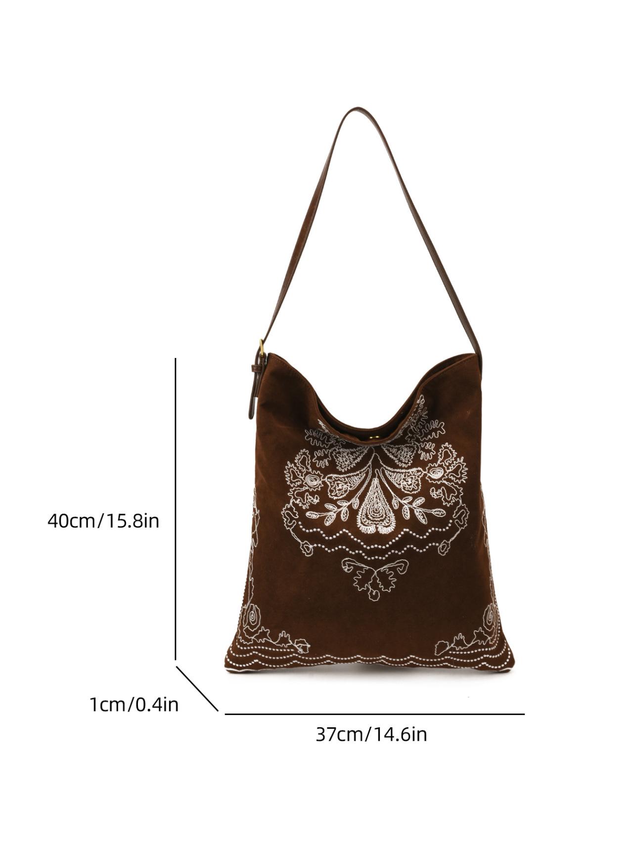 

Женская вышитая этническая матовая замшевая сумка-тоут - Большая вместимость, свободный стиль ношения на плече коричневый